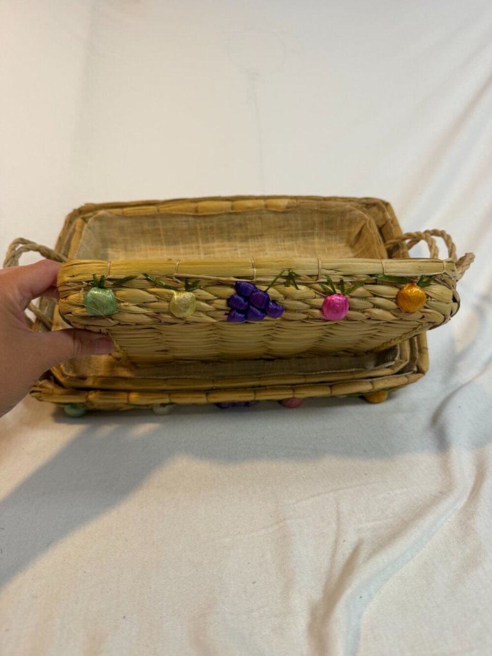 Nesting Baskets Set 3 Woven Straw Raffia Fruit Casserole Carrier Boho Vintage - Picture 3 of 9